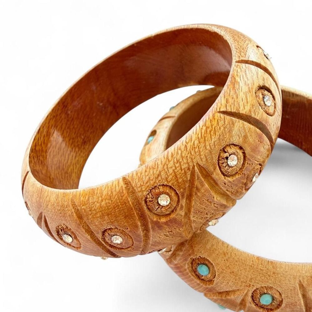 Vintage 70s Boho Carved Wood Bangle Set - Made in India - Picture 2 of 8